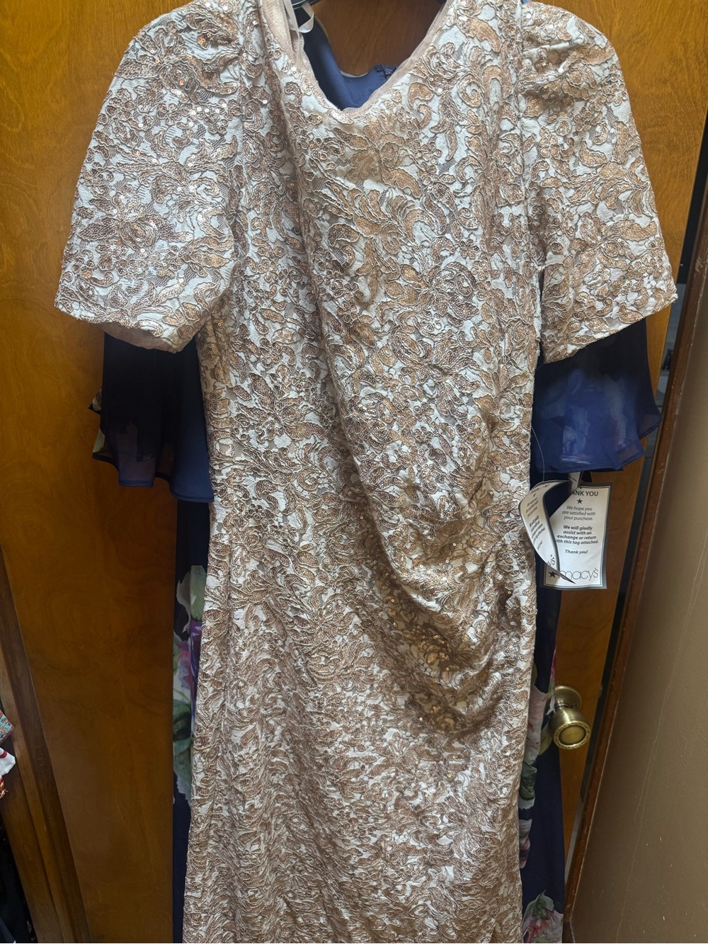 Elegant Metallic Lace Sheath Dress in Rose Gold